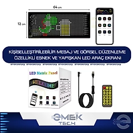 Kişiselleştirilebilir Mesaj ve Görsel Düzenleme Özellikli Esnek ve Yapışkan LED Araç Ekranı 64*16 CM